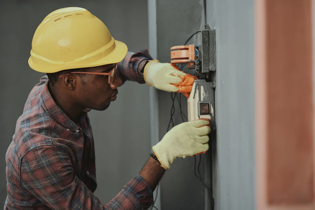 Eletricista com capacete fazendo a manutenção de um quadro elétrico